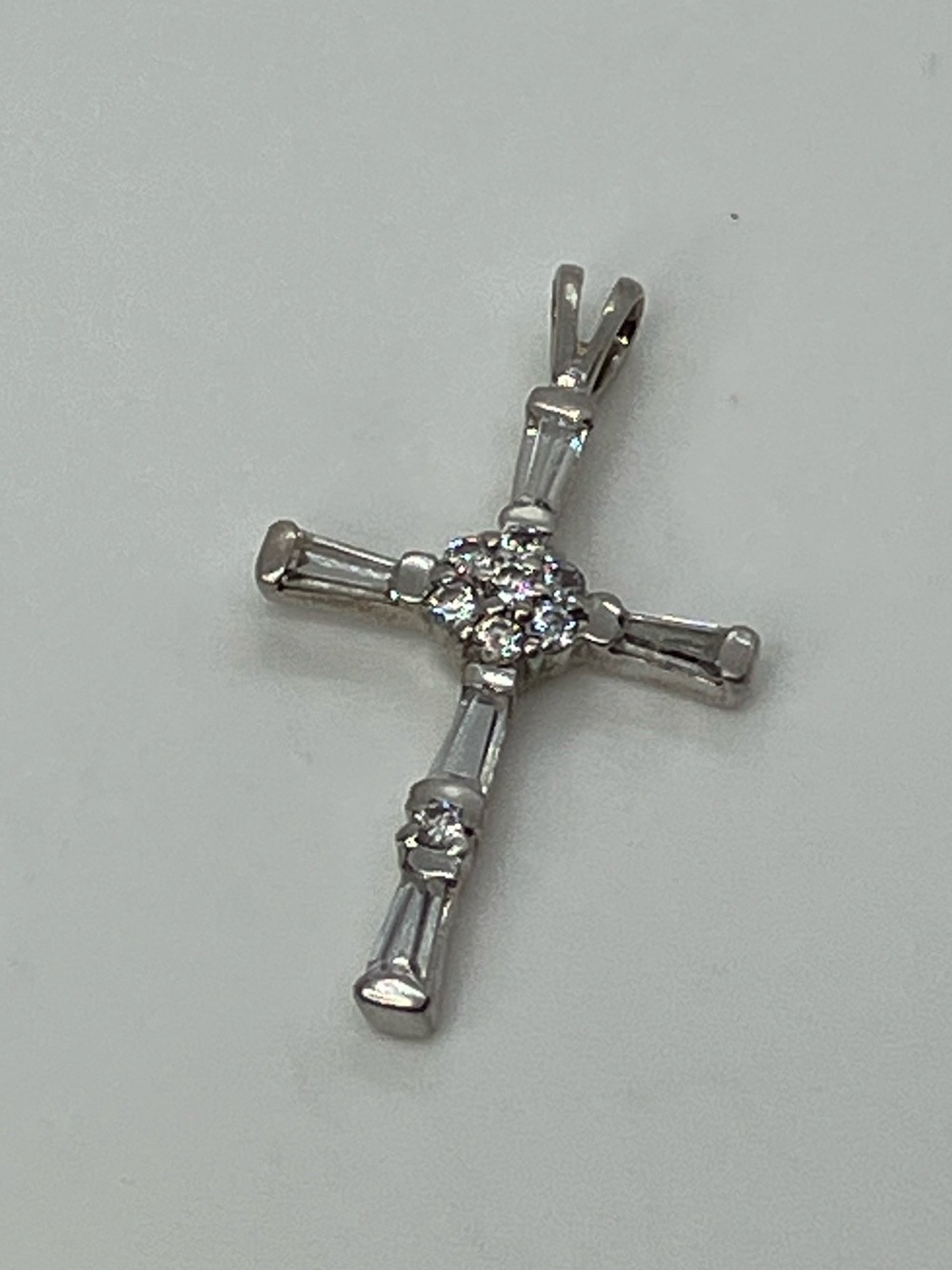 925 CZ Floral Center Tapered Baguette Sterling Silver Religious Cross Pendant